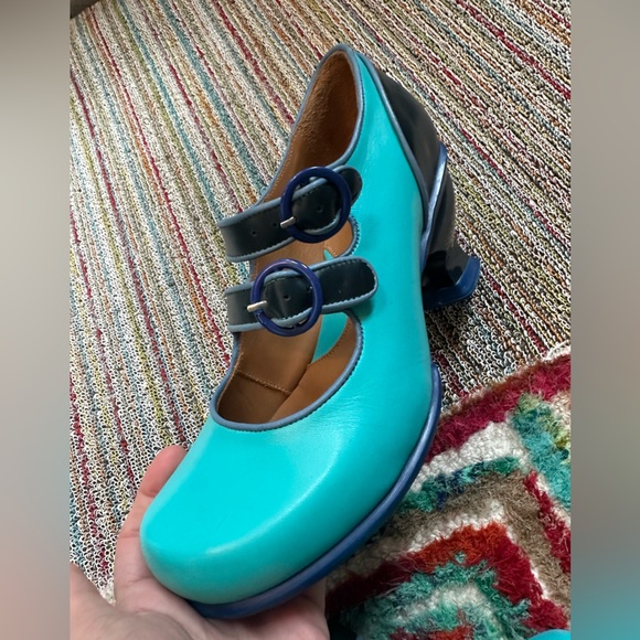Fluevog LIKE NEW KKBB Liz turquoise/navy double strap MJ heel - 8.5 (fits 8) - Picture 11 of 16